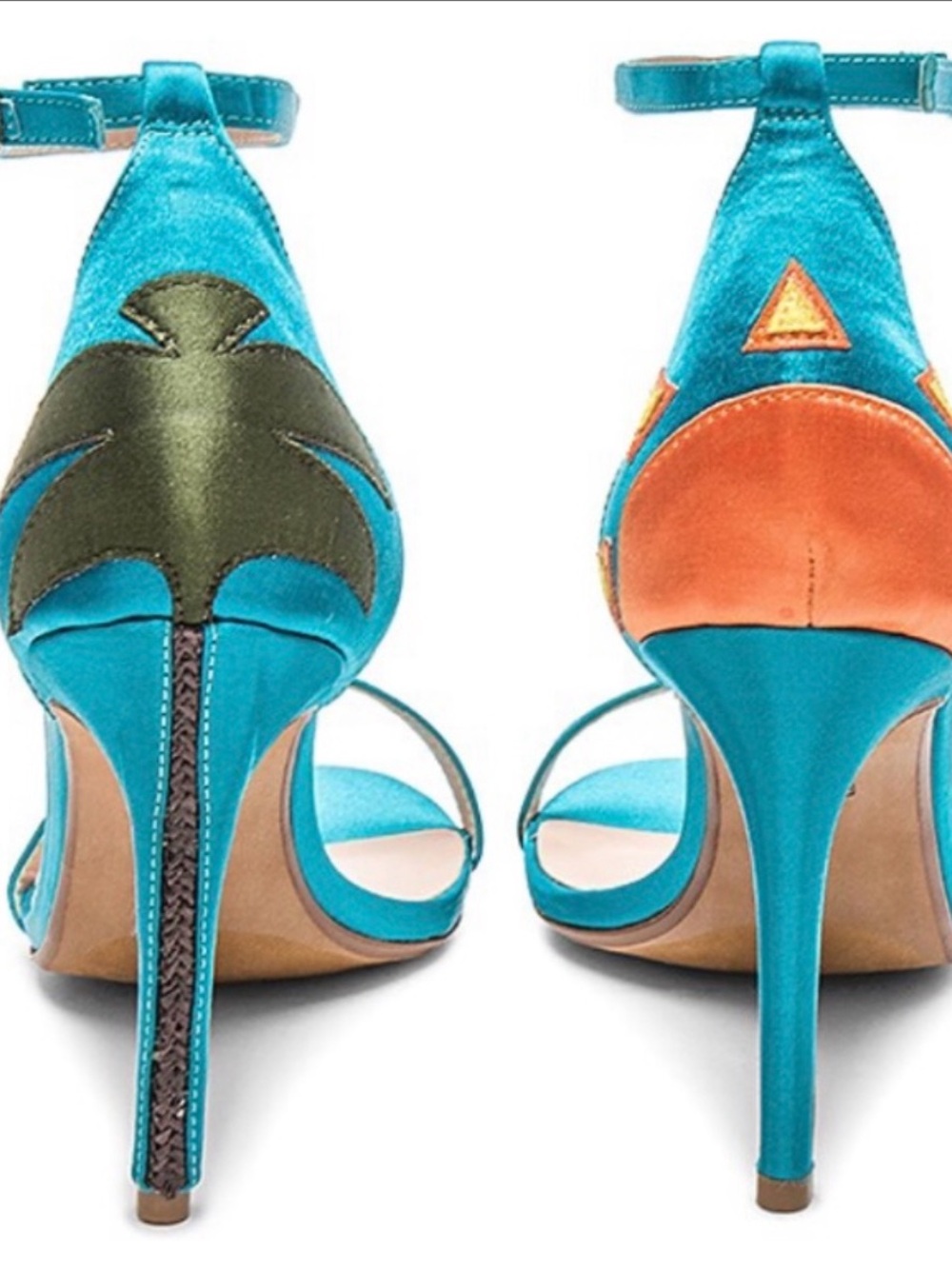 RAYE Vacay Turquoise Satin Heels with Sunset Tropical Accent Details